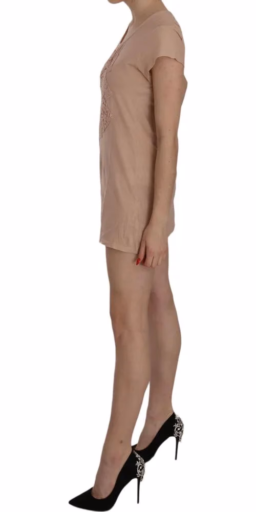 PINK MEMORIES Pink Lace Short Sleeve Shift Mini Dress