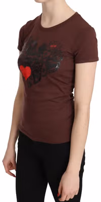 Brown Hearts Printed Round Neck T-shirt Top