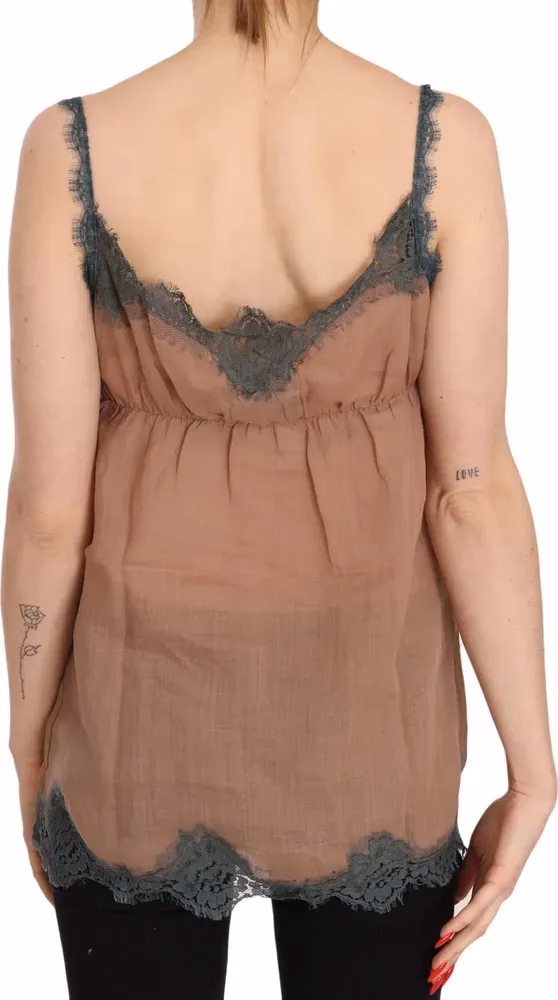 PINK MEMORIES Brown Lace Spaghetti Strap Tank Top Blouse