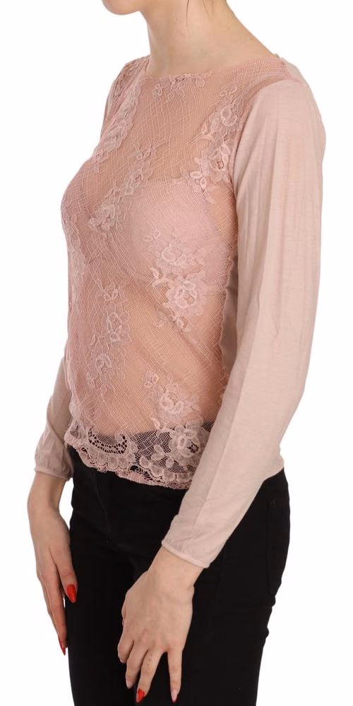 PINK MEMORIES Pink Lace See Through Long Sleeve Top Blouse