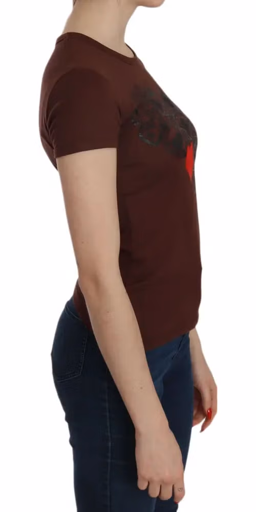 Exte Brown Heart Print Crew Neck T-shirt Short Sleeve Blouse