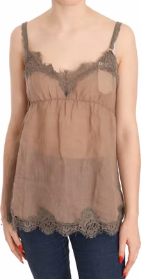 Brown Lace Spaghetti Strap Plunging Top Blouse