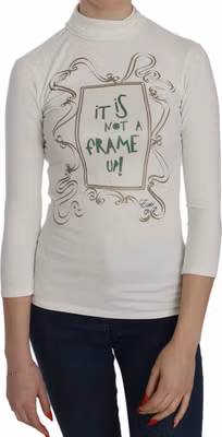White Printed Turtle Neck 3/4 Sleeve Top Cotton Blouse