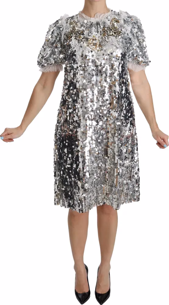 Dolce & Gabbana Silver Sequined Crystal Shift Gown Dress