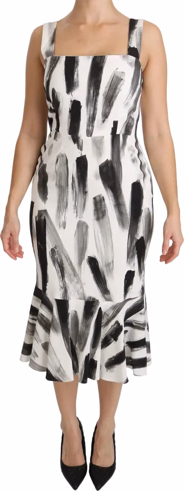 Dolce & Gabbana White Black Printed Sheath Midi Viscose Dress