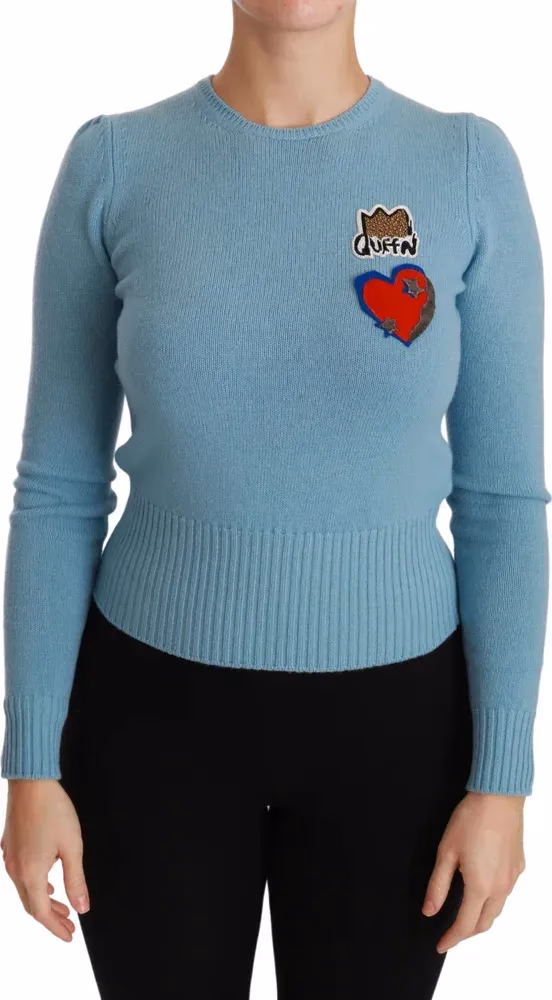Dolce & Gabbana Blue Wool Queen Heart Pullover Sweater