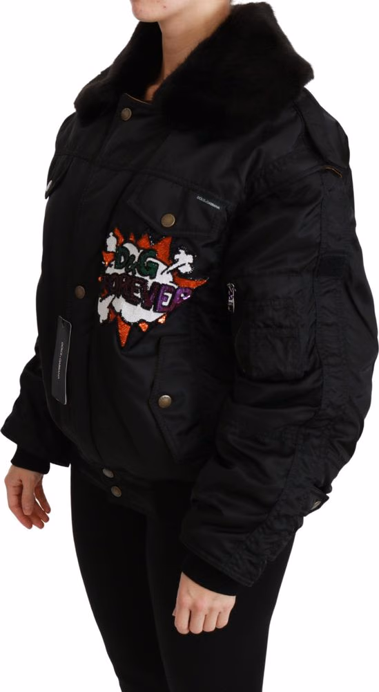 Dolce & Gabbana Black Queen Crown Sequined Bomber Jacket