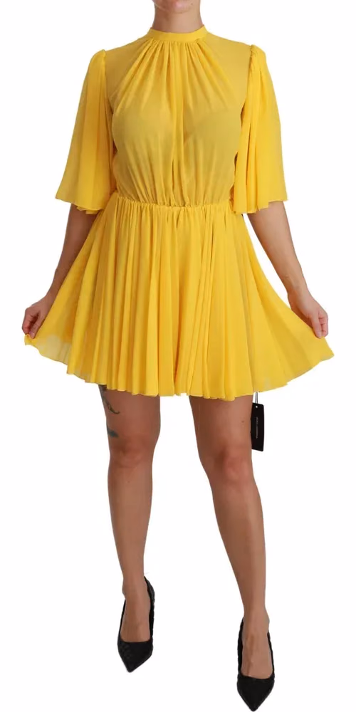 Dolce & Gabbana Yellow Pleated A-line Mini 100% Silk Dress