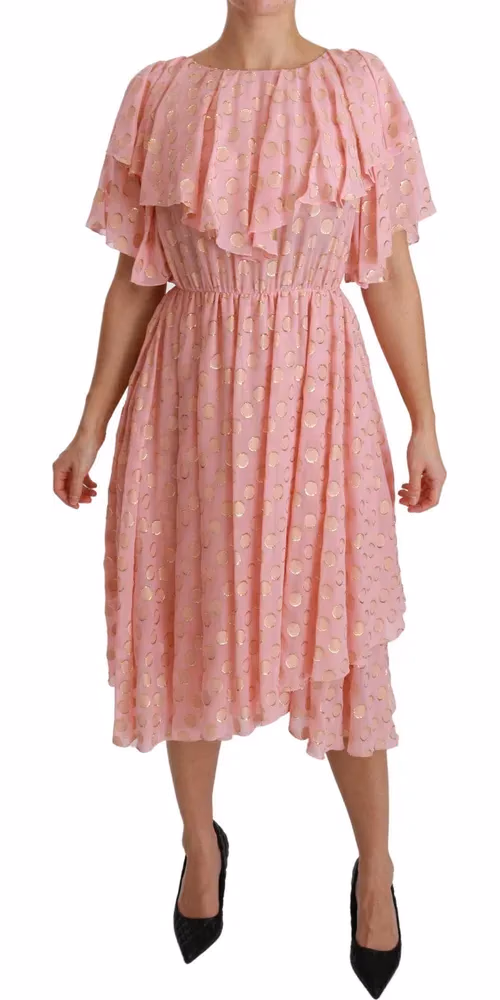 Dolce & Gabbana Silk Pink Polka Dots Pleated A-line Midi Dress