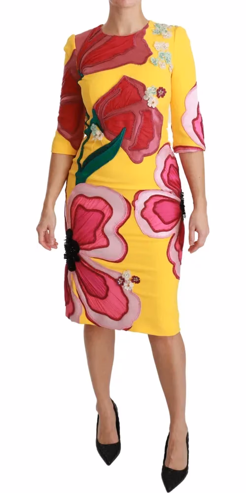 Dolce & Gabbana Yellow Floral Crystal Bodycon Sheath Dress