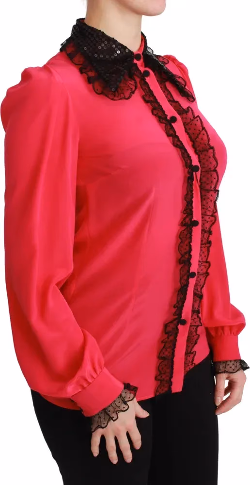 Dolce & Gabbana Pink Silk Black Sequin Lace Shirt Blouse
