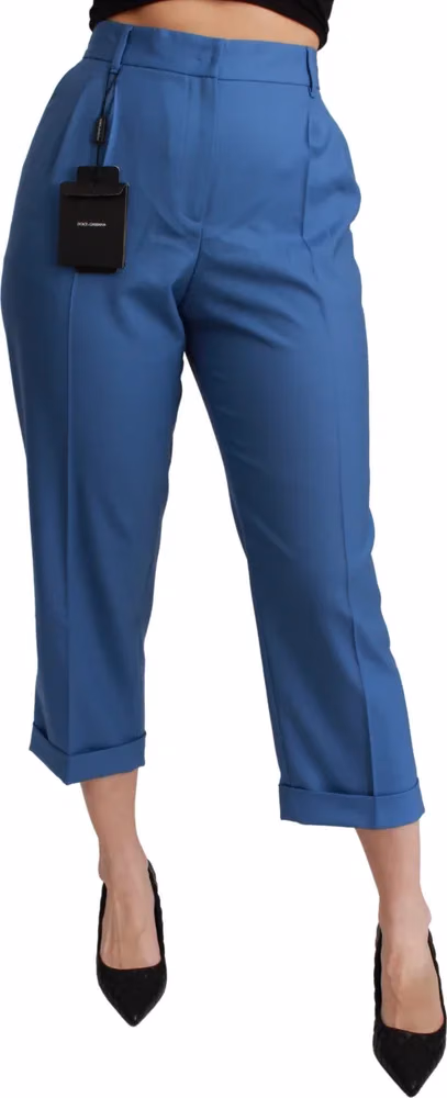 Dolce & Gabbana Blue Pleated Wool Cuffed Cropped Trouser Pants