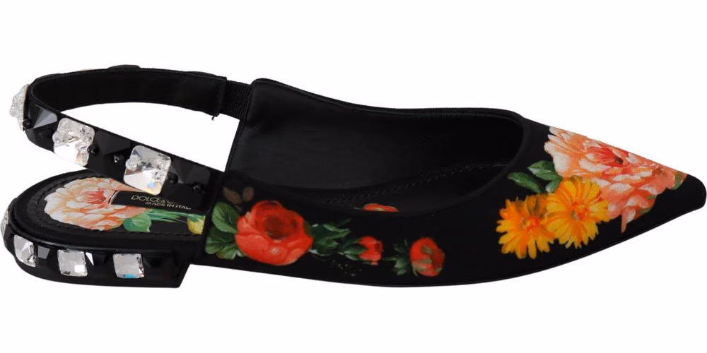Dolce & Gabbana Black Floral Crystal Slingbacks Flats Shoes