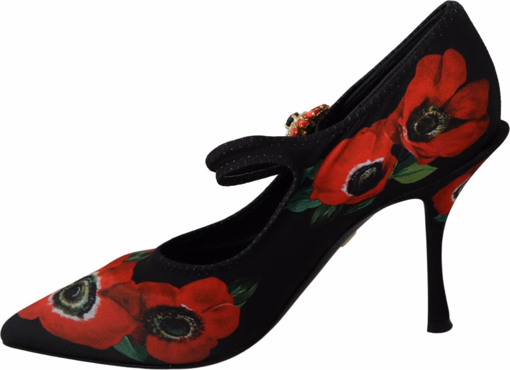 Dolce & Gabbana Black Red Floral Mary Janes Pumps Shoes