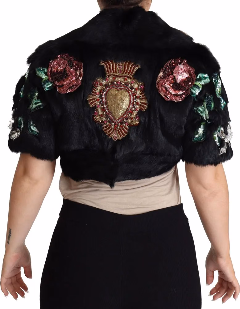Dolce & Gabbana Black Rabbit Fur Crystals Sequin Coat
