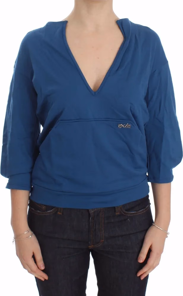 Exte Blue Cotton Top Pullover Deep V-neck Women Sweater