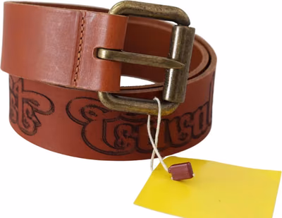 Brown Leather Logo Bronze Rustic Metal Buckle Belt