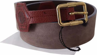 Brown Leather Wide Gold Chrome Logo Buckle Belt