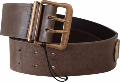 Brown Leather Wide Bronze Buckle Waist Belt