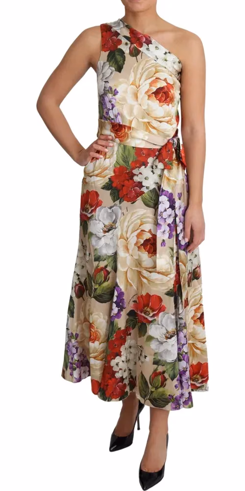 Dolce & Gabbana Print Silk Stretch One Shoulder Dress Floral