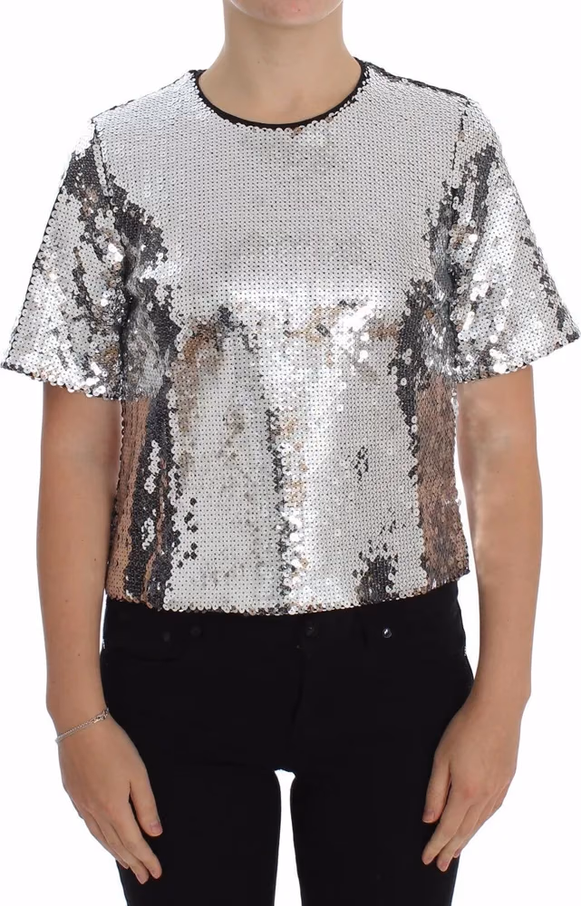 Dolce & Gabbana Silver Sequined Crewneck Blouse T-shirt Top