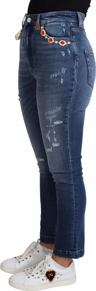 Dolce & Gabbana Blue Embellished Skinny Trouser Cotton Jeans