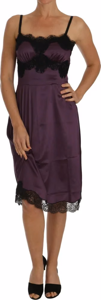 Dolce & Gabbana Purple Silk Stretch Black Lace A-Line Dress