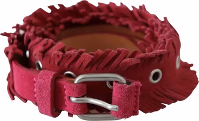 Maroon Leather Fringes Silver Buckle Waist Belt