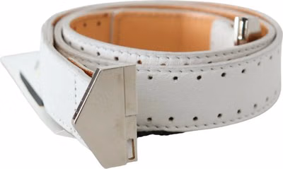 White Leather Hexagon Logo Buckle Waist Belt