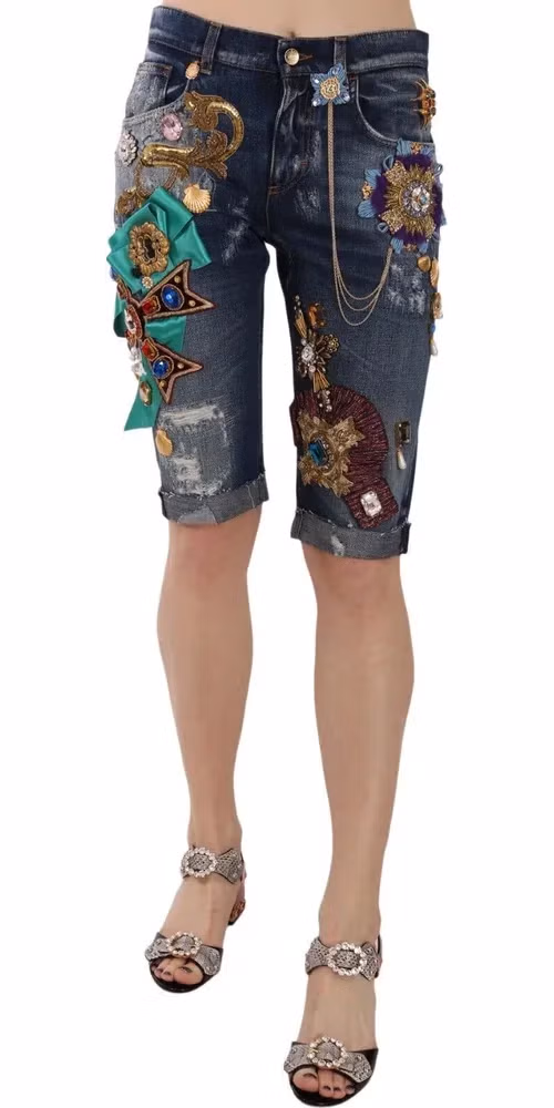 Dolce & Gabbana Blue Denim Mid Waist Crystal Capri Shorts