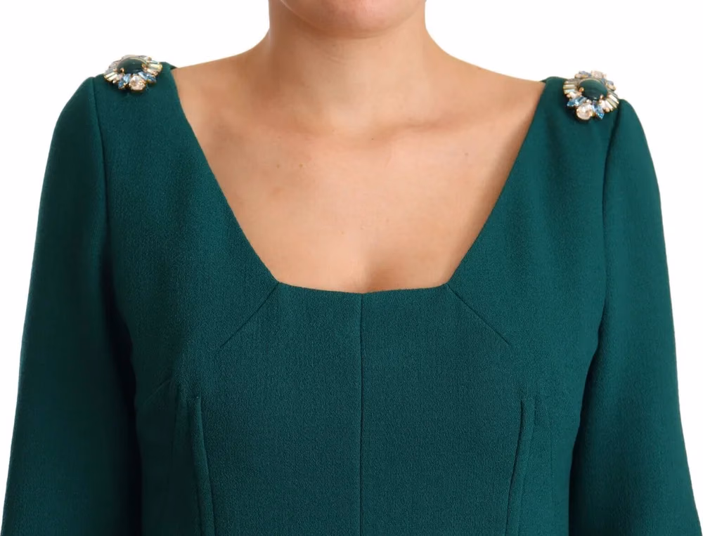 Dolce & Gabbana Green Stretch Crepe Crystal Midi Dress