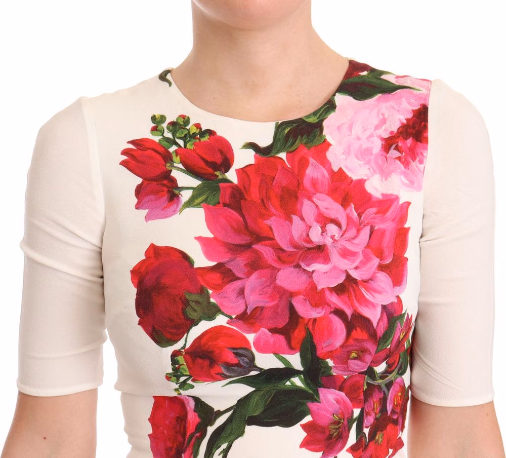 Dolce & Gabbana White Floral Printed Crepe Midi Slit Dress