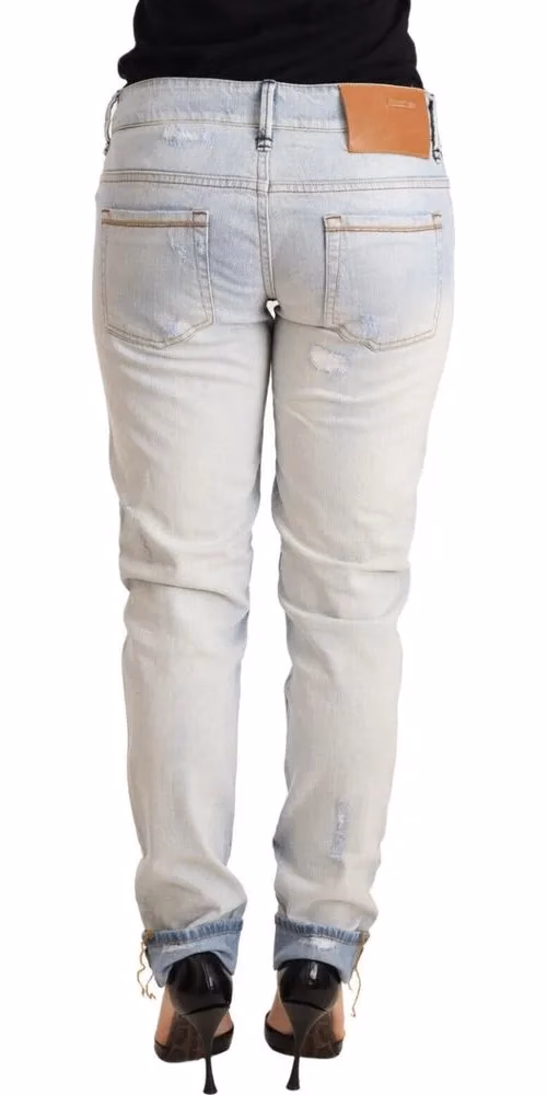 Acht Light Blue Distressed Cotton Folded Hem Denim Trouser Jeans