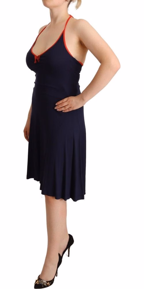 Roccobarocco Navy Blue Sleeveless Halter Sheath Midi Dress