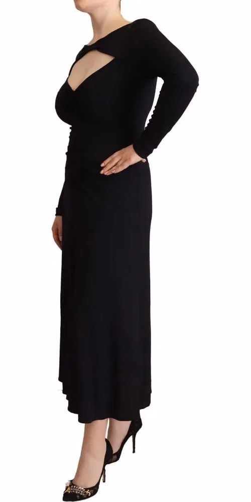 PINKO Black Nylon Stretch Long Sleeves Deep V-neck Maxi Dress