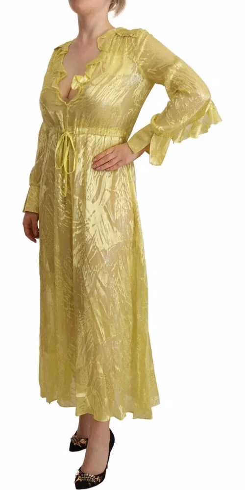 Patrizia Pepe Yellow Silk Long Sleeves Plunging Maxi Dress