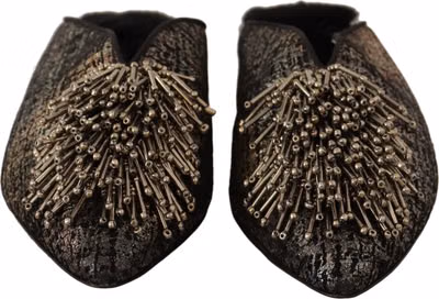 Gold Jacquard Leather Embellished Slip On Shoes
