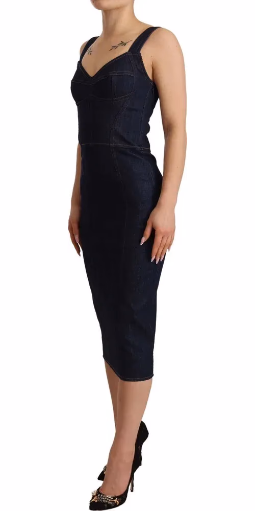 Dolce & Gabbana Dark Blue Cotton Denim Sheath Midi Dress