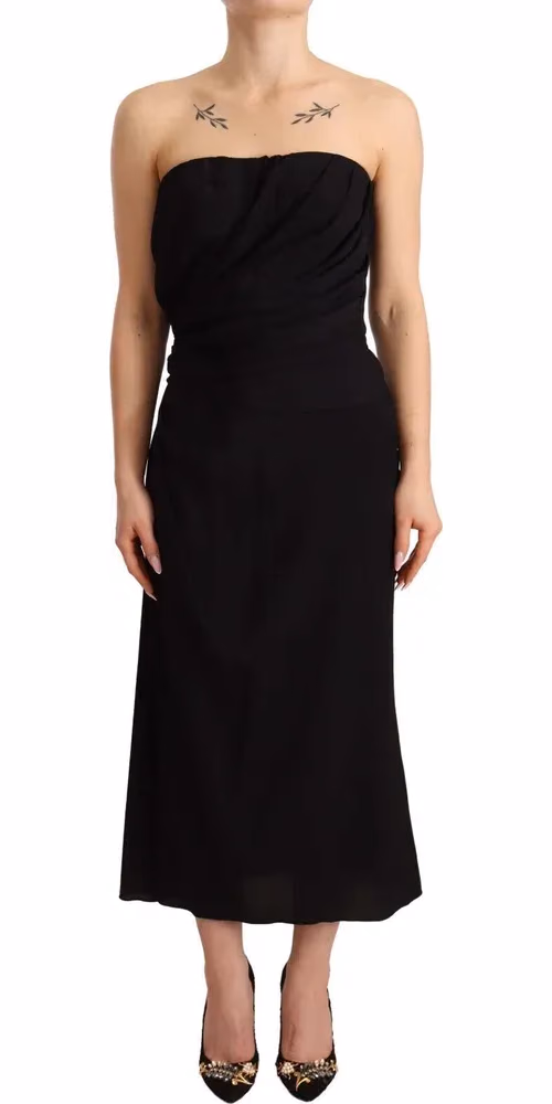 Dolce & Gabbana Black Silk Stretch Strapless Sheath Midi Dress