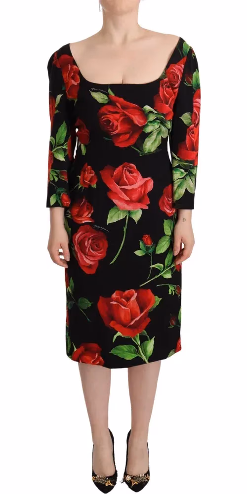 Dolce & Gabbana Black Red Roses Sheath Stretch Silk Dress