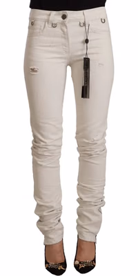 White Mid Waist Cotton Denim Slim Fit Jeans
