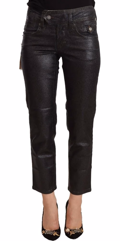 John Galliano Black Glittered Mid Waist Cotton Cropped Pants
