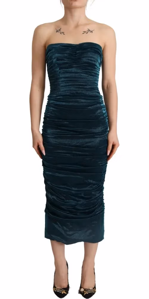 Dolce & Gabbana Turquoise Bustier Bodice Draped Midi Dress