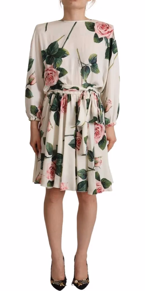 Dolce & Gabbana White Rose Print Long Sleeves A-line Dress