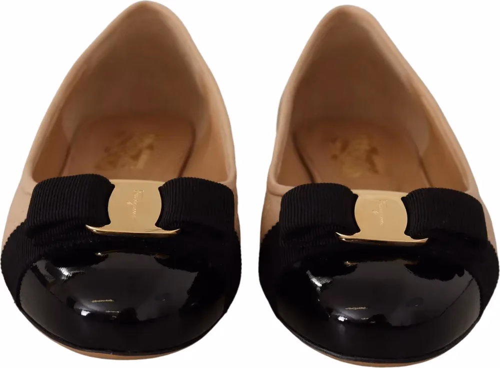 Salvatore Ferragamo Beige and Black Nappa Leather Ballet Flat Shoes