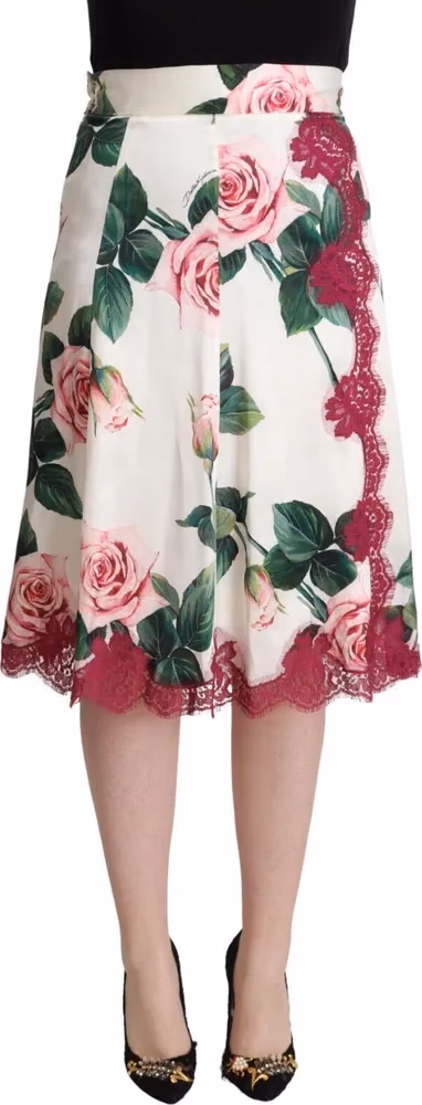 Dolce & Gabbana White Rose Print High Waist Midi A-line Skirt