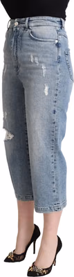 Blue Tattered Cotton Denim Capri Cropped Jeans