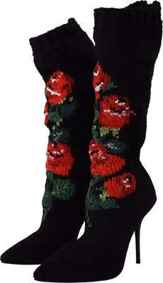 Black Stretch Socks Red Roses Booties Shoes