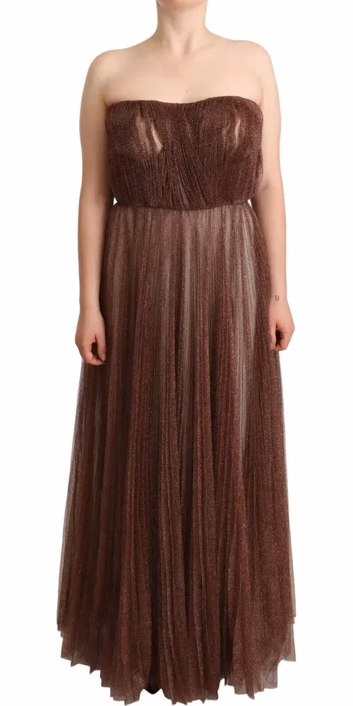 Dolce & Gabbana Metallic Bronze Polyester Maxi Gown Dress