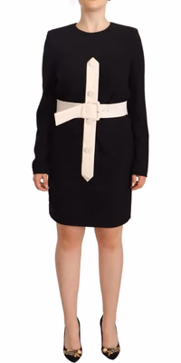 Black Wool Long Sleeves Belted Mini Sheath Dress